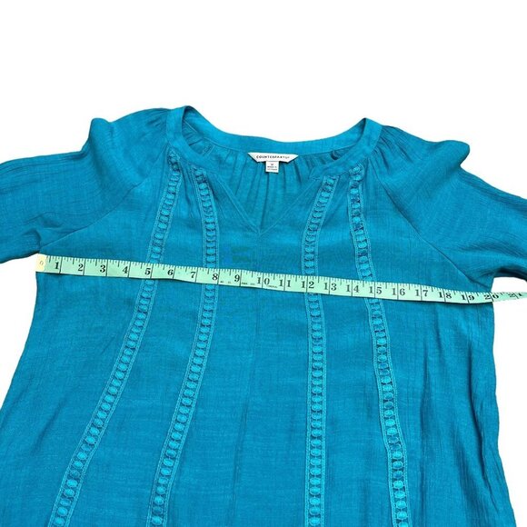 Counterparts Blue Knit Lace Trim Blouse 3/4 Sleeve Elastic Cuff Size M - Picture 3 of 12